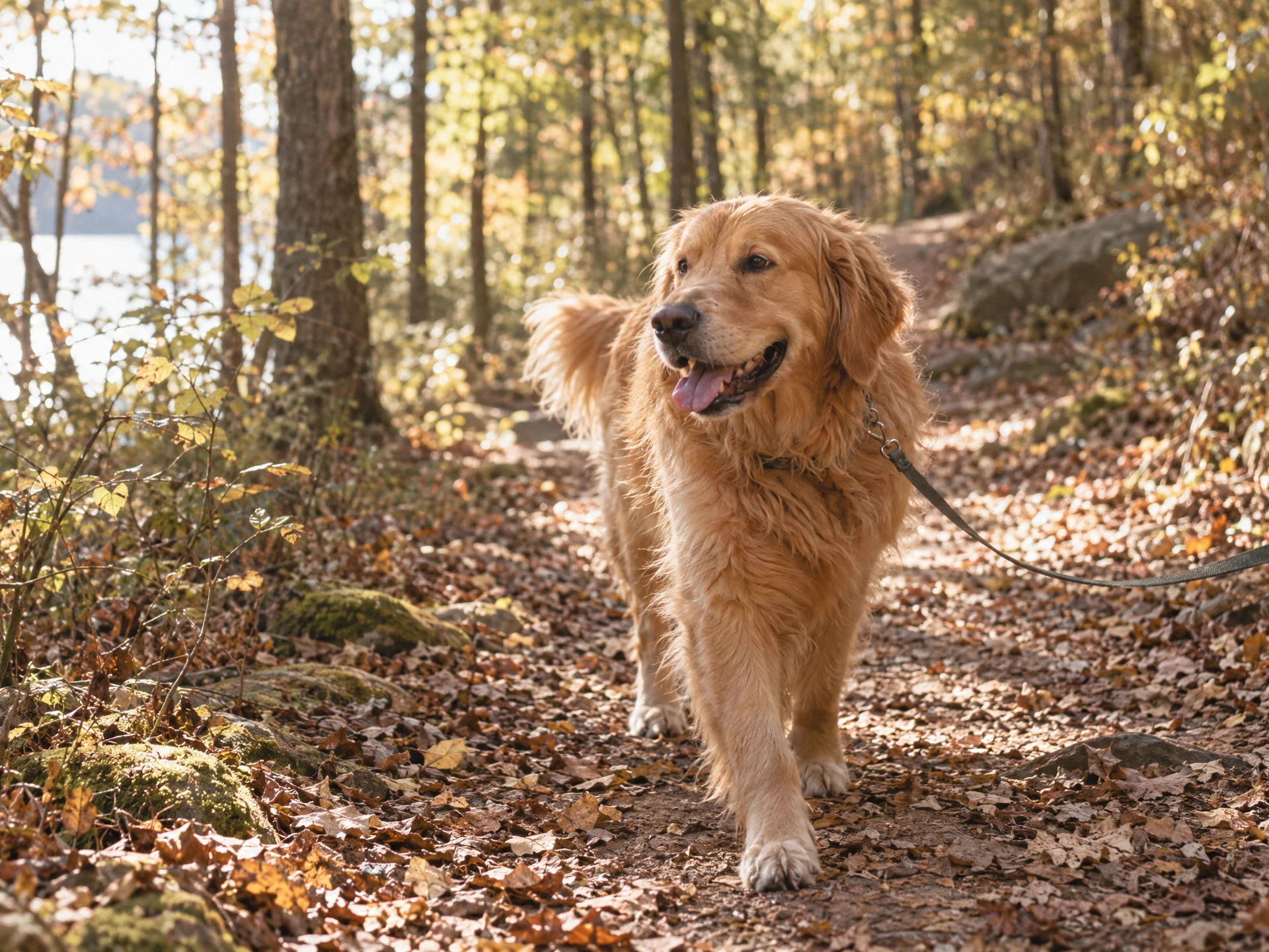 A golden retriever exploring a leafy trail in gentle afternoon light