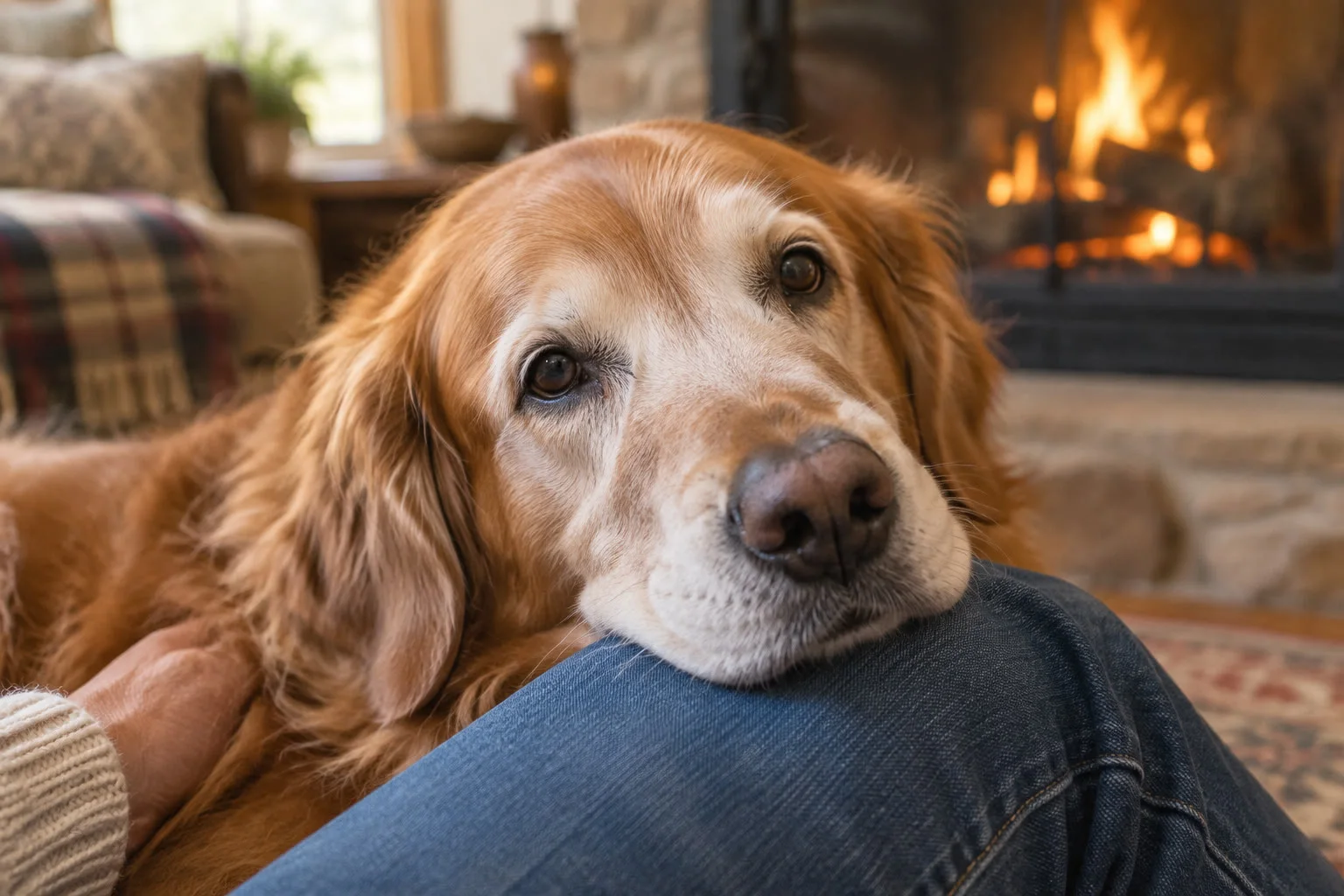 A gray-muzzled senior golden retriever resting by a fireplace with its person.