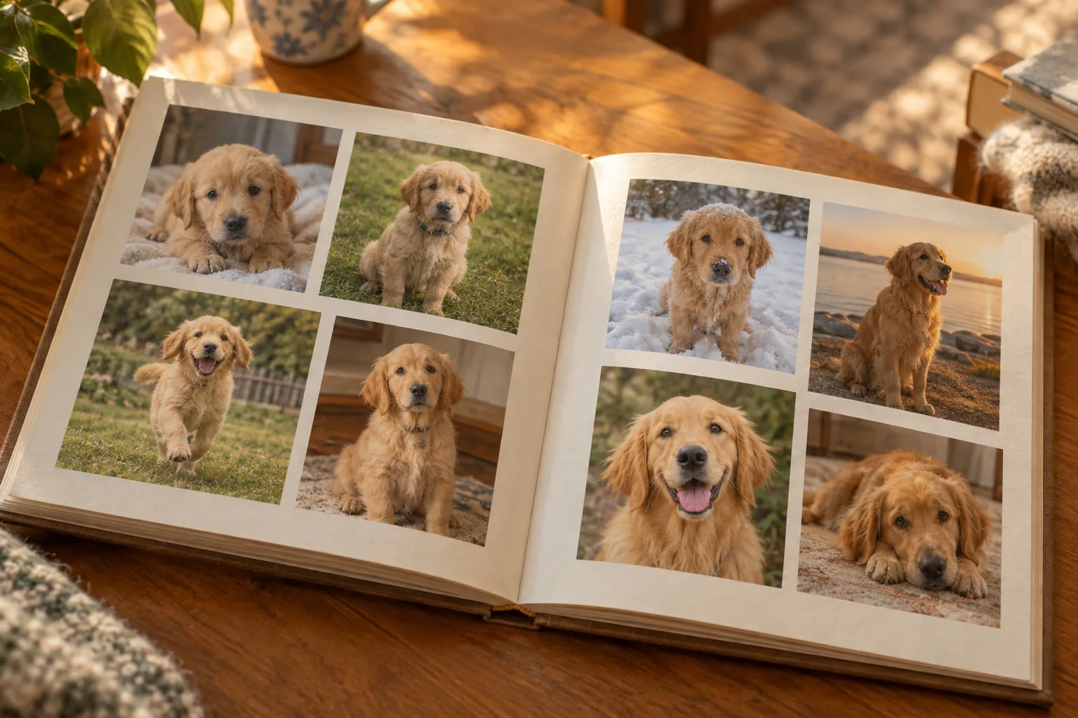 An open photo album with candid photos of a golden retriever puppy's first year.