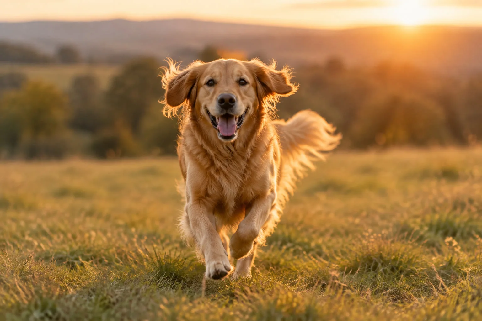 A golden retriever running joyfully toward its person across an open field.