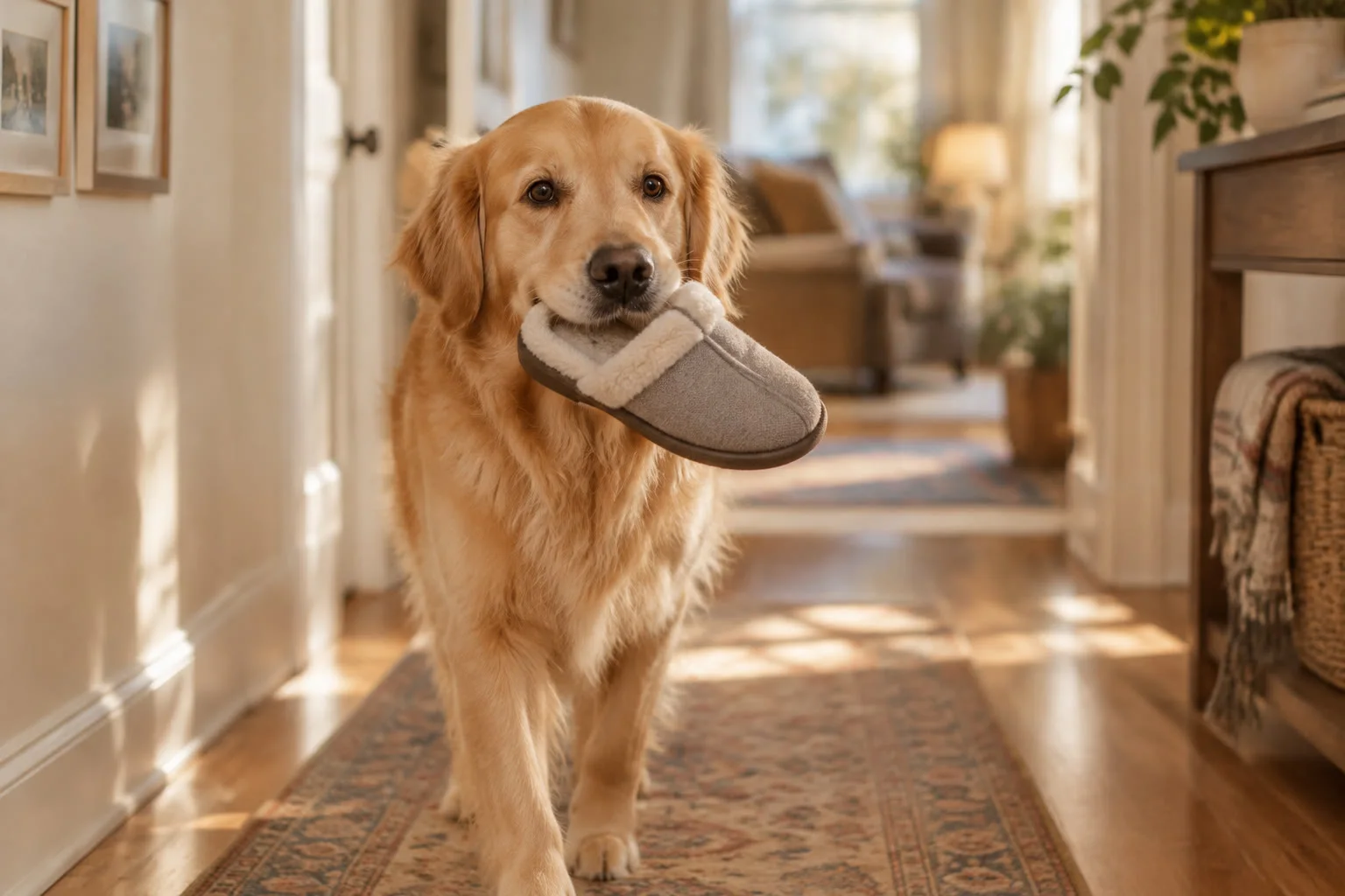 A golden retriever gently carrying a slipper in its mouth through a hallway.