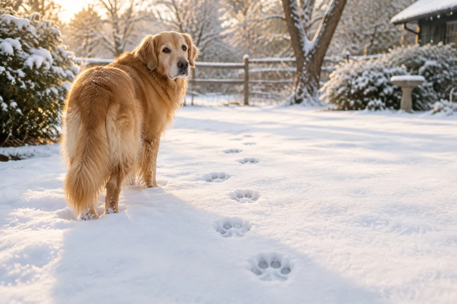 Golden retriever paw prints trailing across fresh first snow in a quiet yard.
