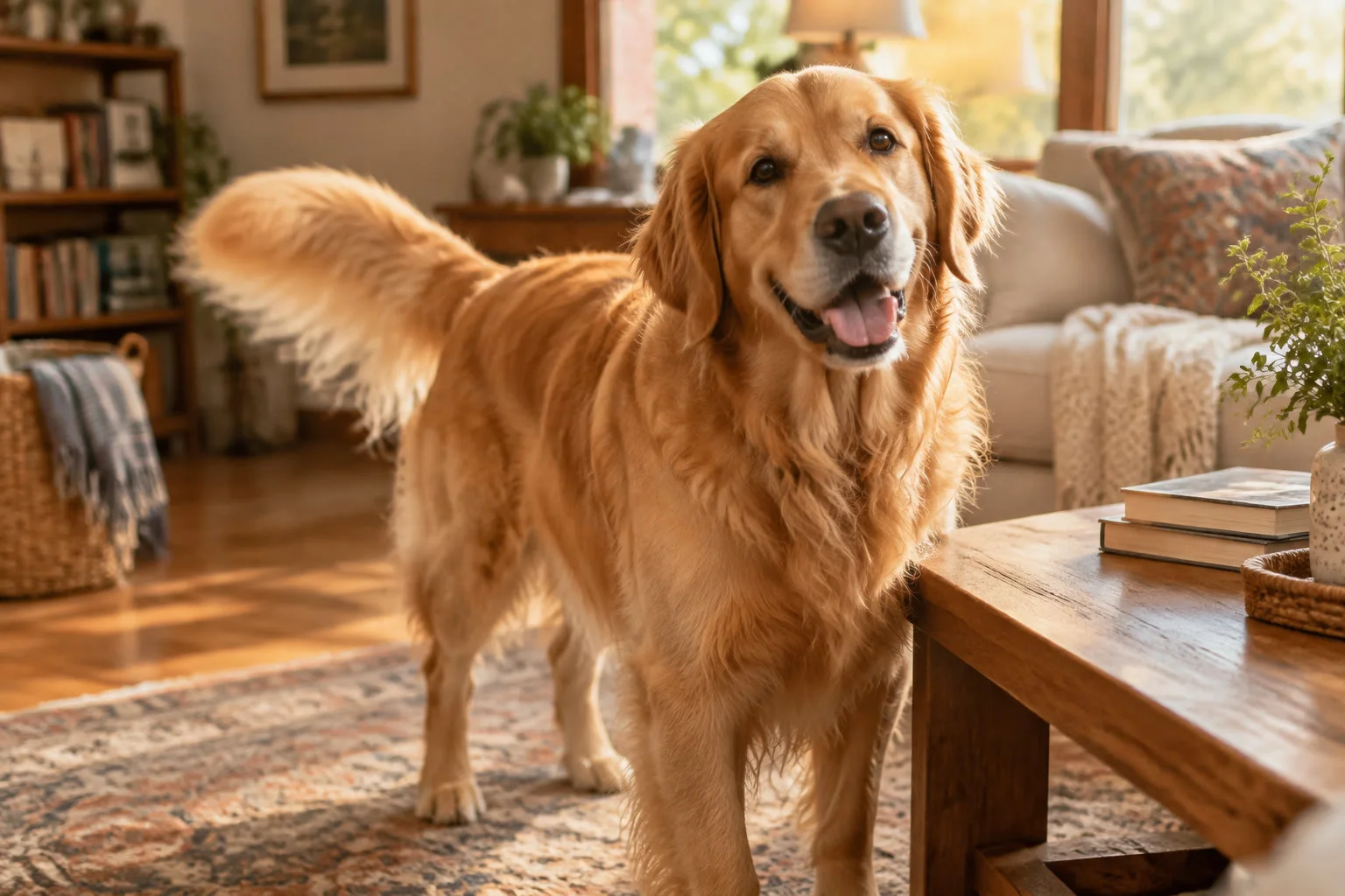 A happy golden retriever beside a coffee table, fluffy tail mid-wag.