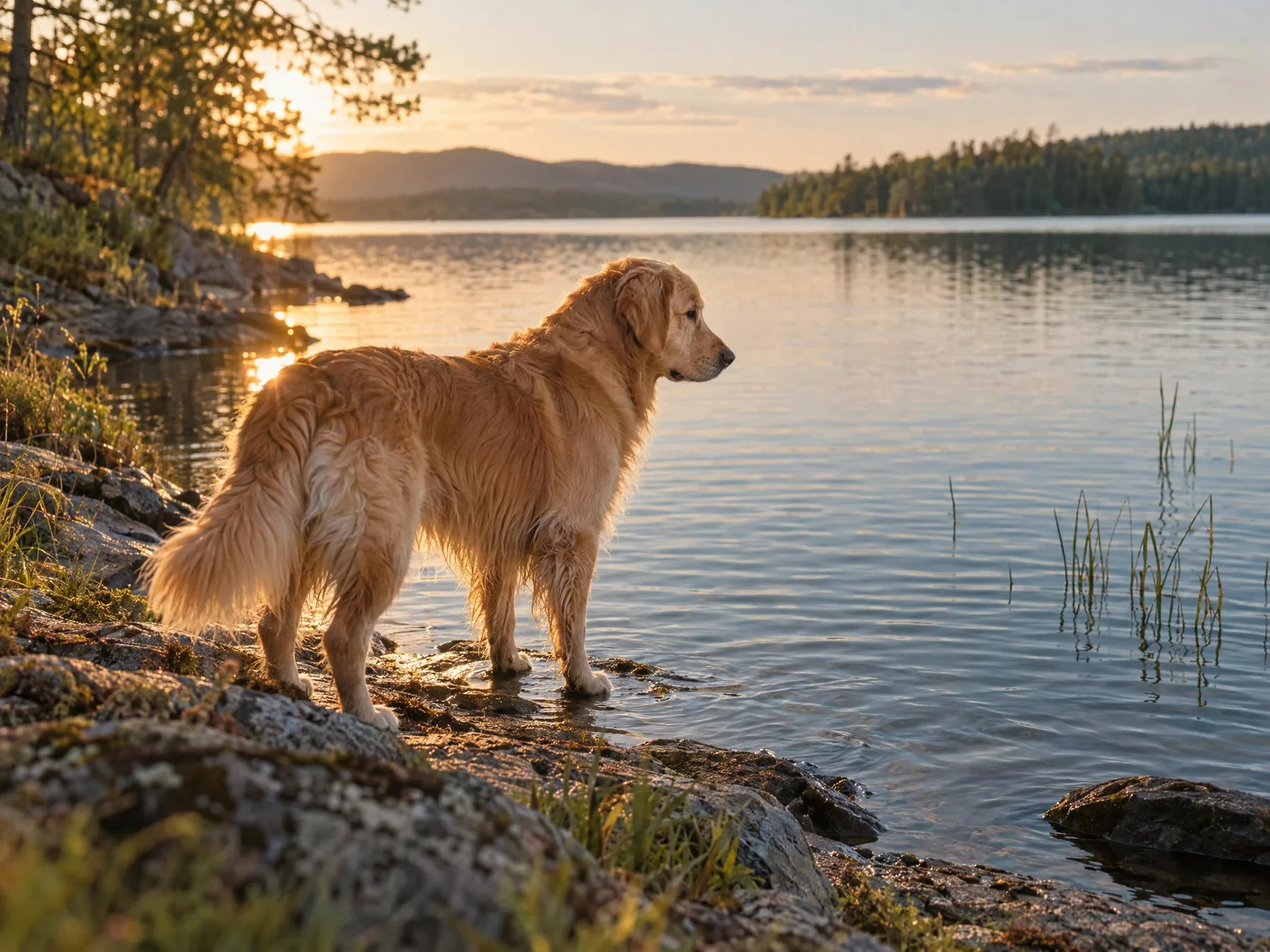 An open photo album filled with candid photos of a golden retriever.