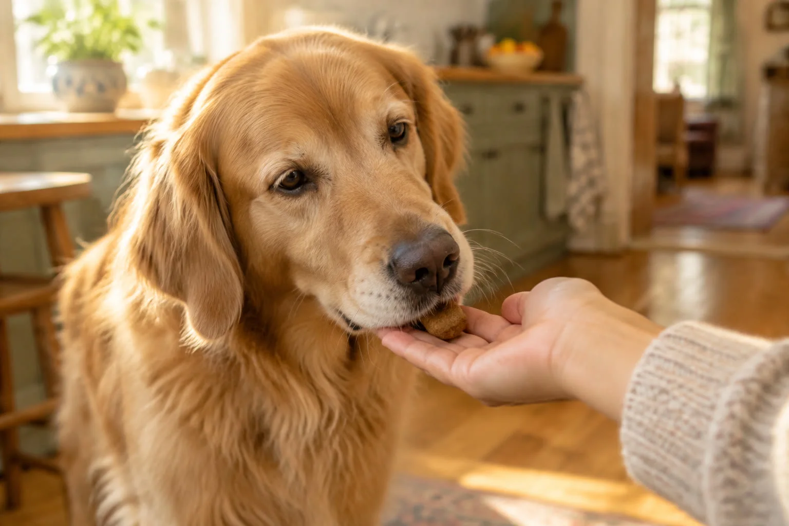 A golden retriever gently taking a treat from an open hand.