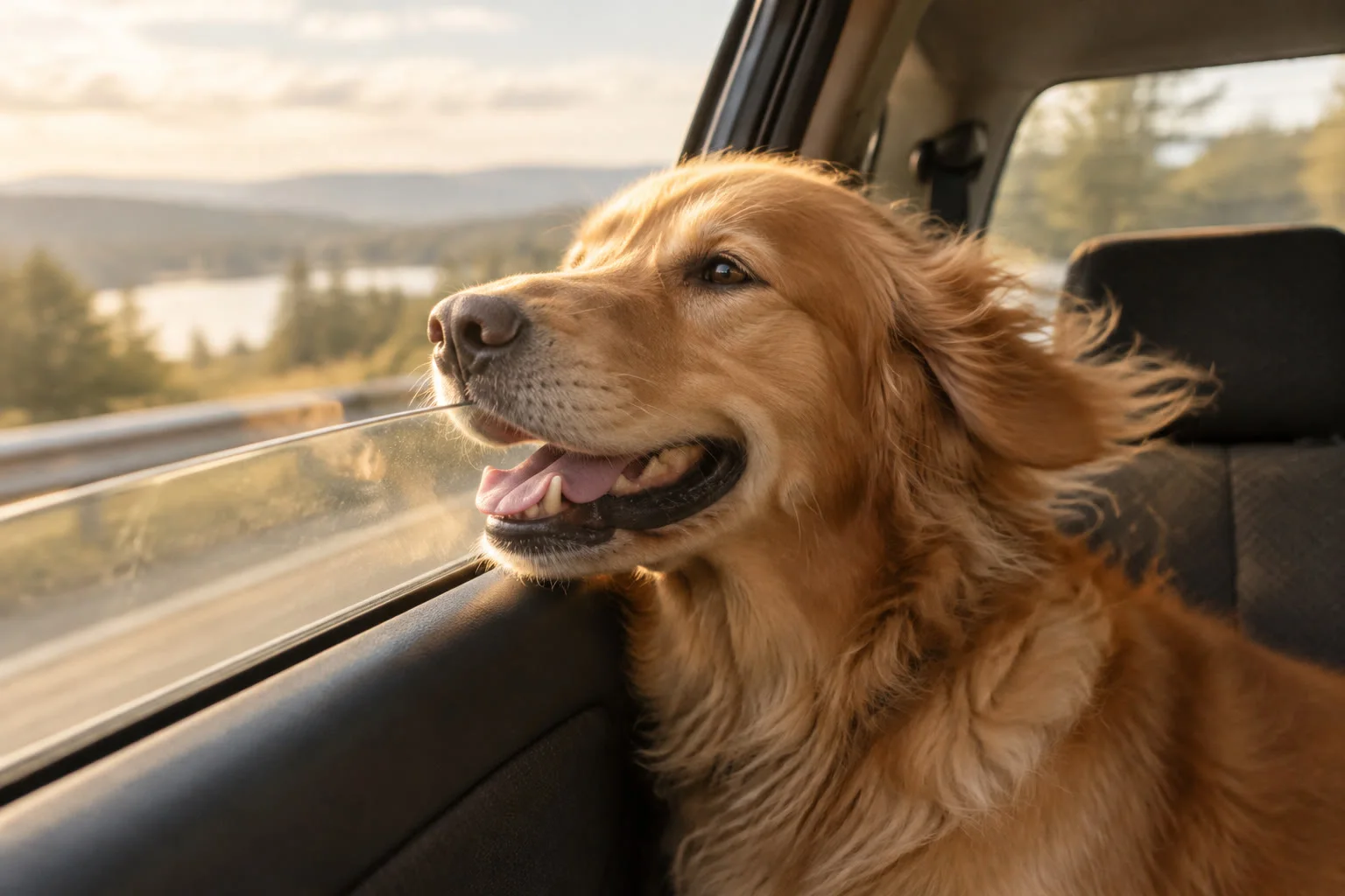 A golden retriever enjoying the breeze at a cracked car window.