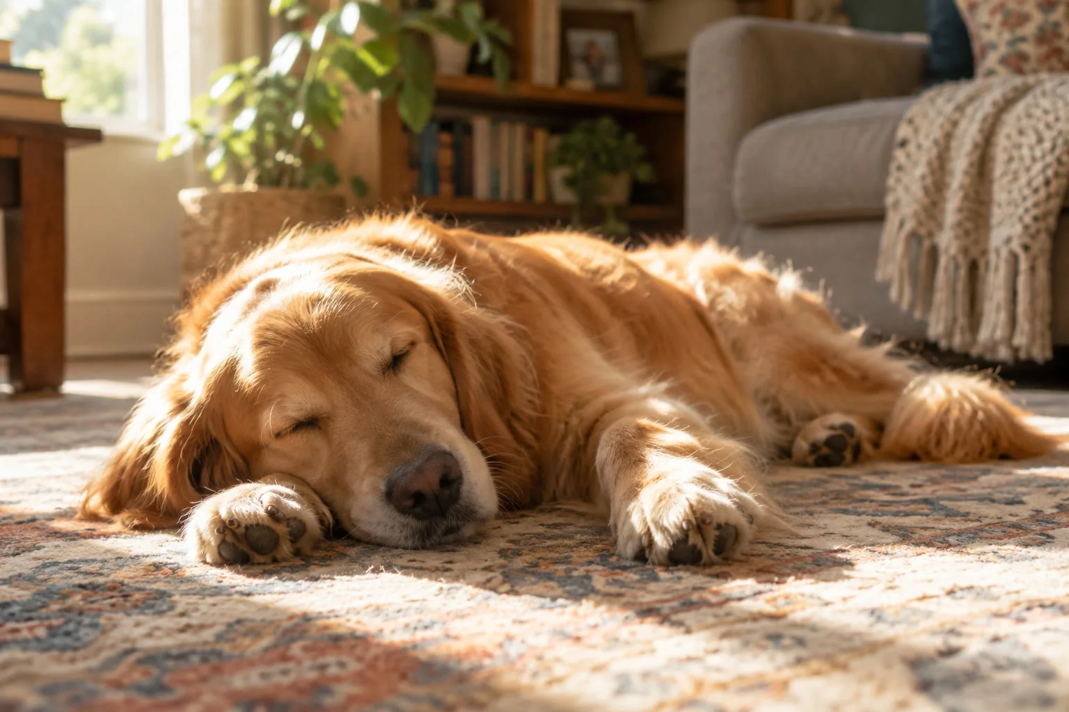 A golden retriever asleep in a warm patch of sunlight on the floor.