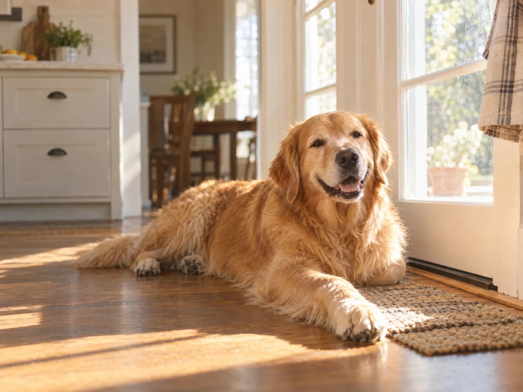 A golden retriever stretched out in a warm patch of morning sunlight.