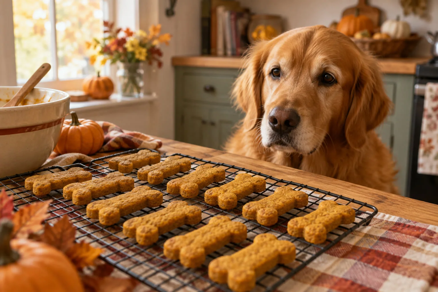 Homemade bone-shaped pumpkin dog treats cooling on a rack while a golden watches.