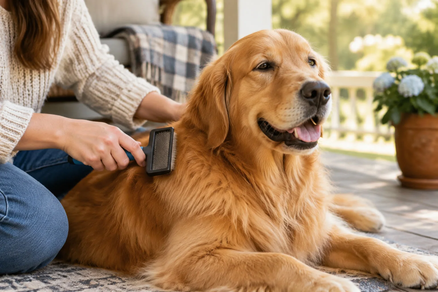 A golden retriever being gently brushed on a porch, relaxed and content.