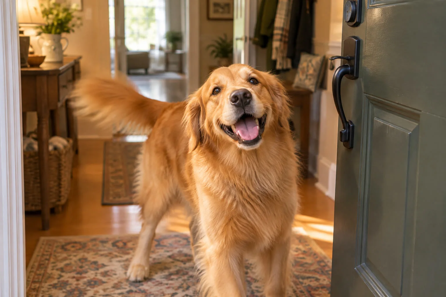 A golden retriever wiggling with happiness at the front door as someone comes home.