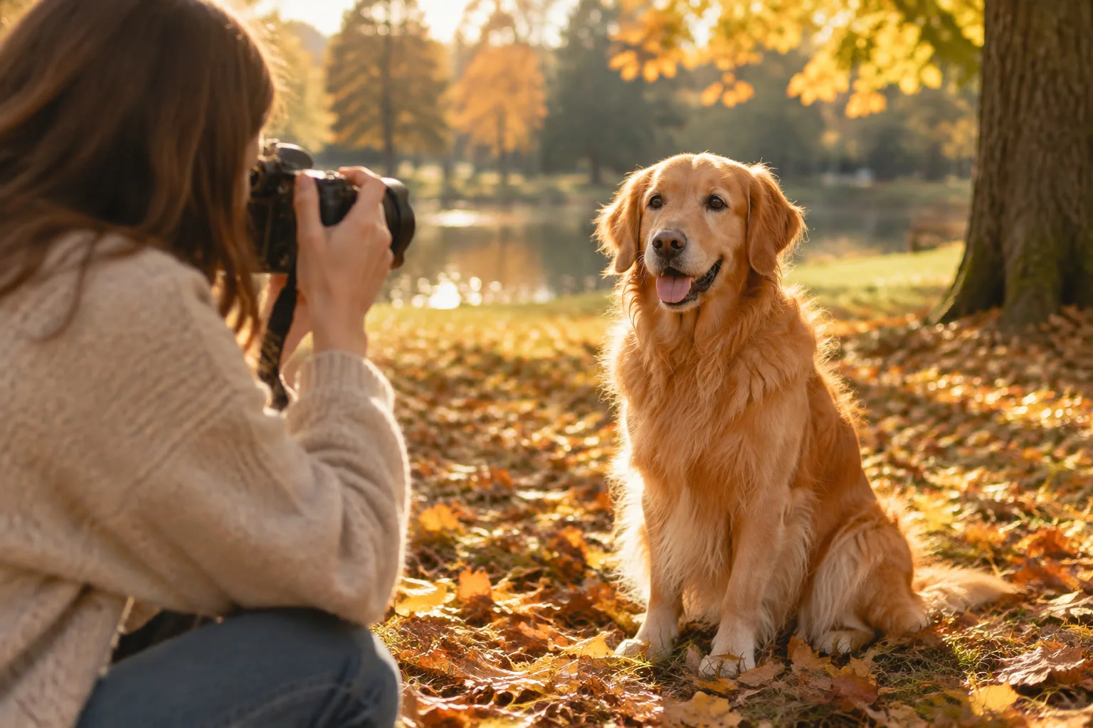 A person photographing a golden retriever sitting in warm autumn light.