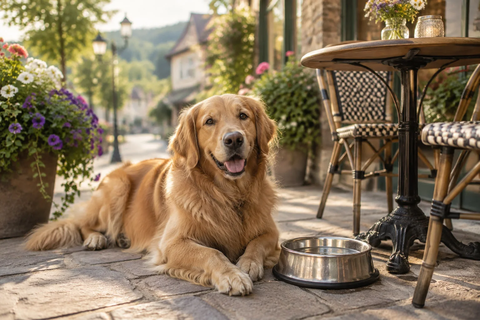 A golden retriever lying beside an outdoor café table with a water bowl.