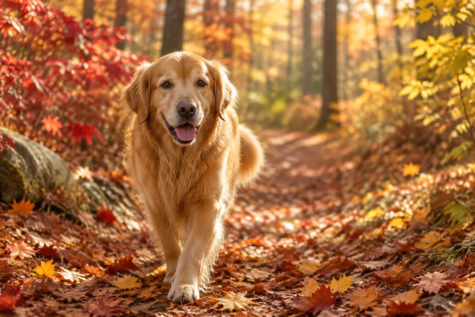 A golden retriever on a leaf-covered trail in peak autumn color.