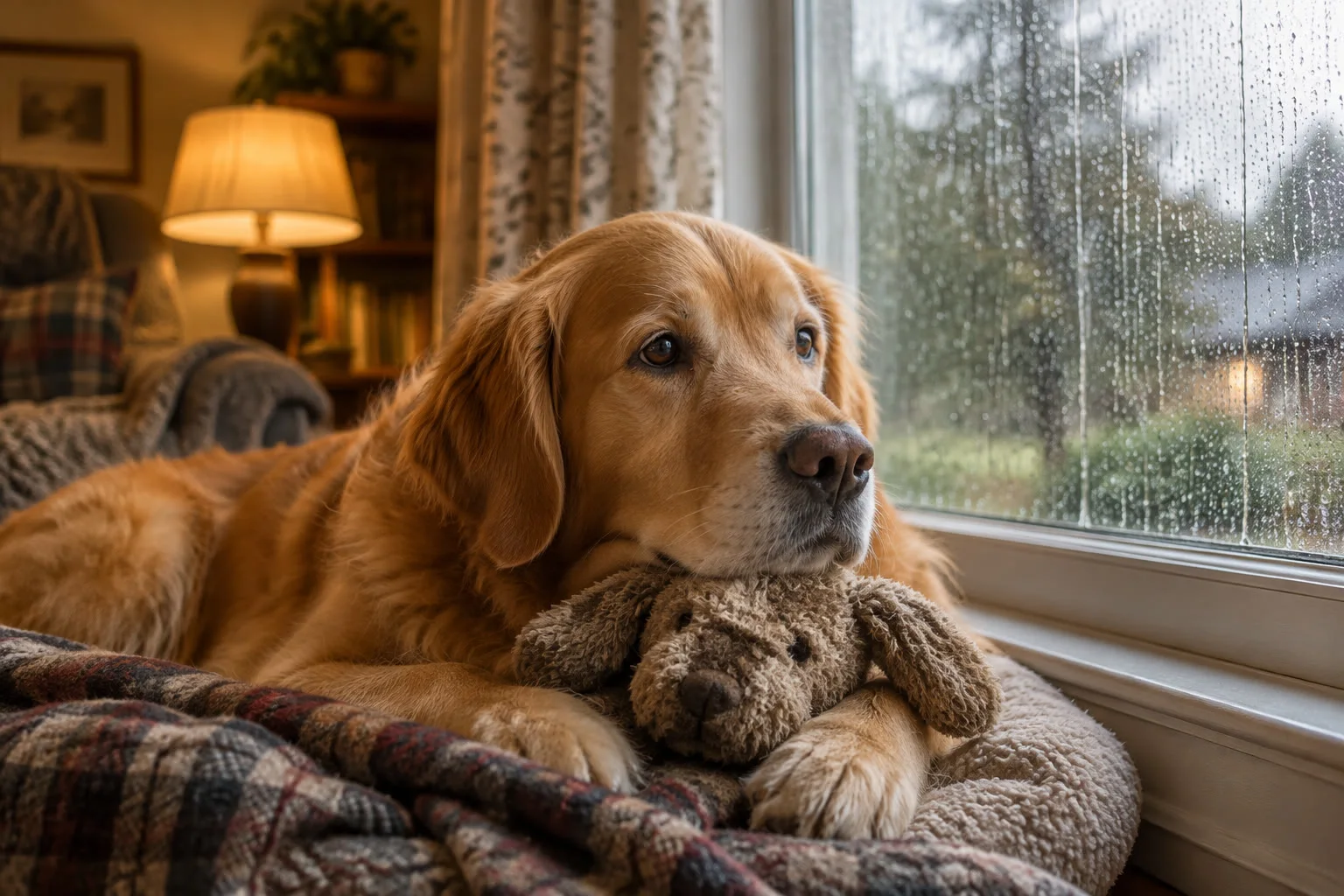 A golden retriever with a toy beside a rain-streaked window.
