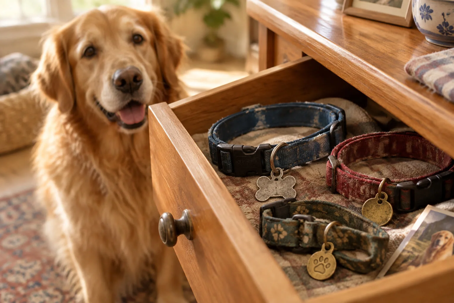 An open drawer with well-loved dog collars and tags kept as keepsakes.