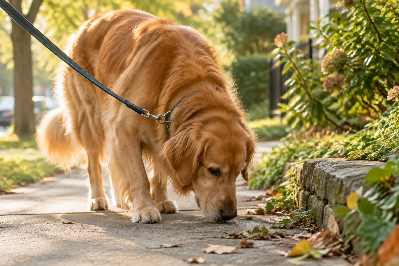 A golden retriever sniffing an interesting spot on a neighborhood sidewalk.