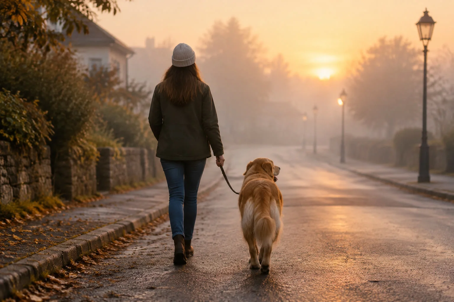 A golden retriever and person walking a quiet misty street at dawn.
