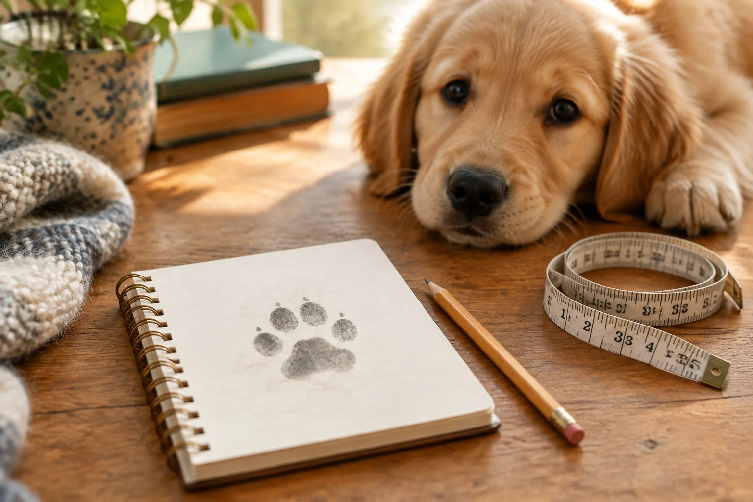 A notebook beside a golden retriever puppy paw print and measuring tape.